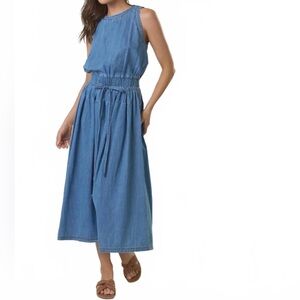NEW Lalavon Everyday Denim Midi Dress In Blue Size Small Zipper Drawstring Waist